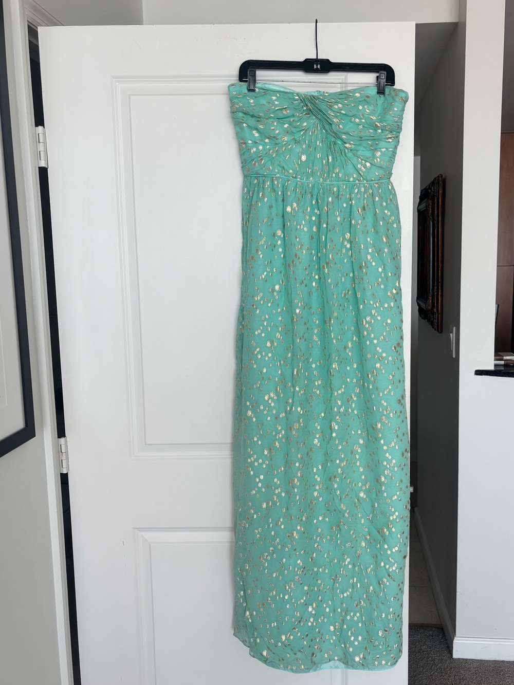 Shoshanna Strapless Mint Green Maxi Dress with Gold Metallic Flecks